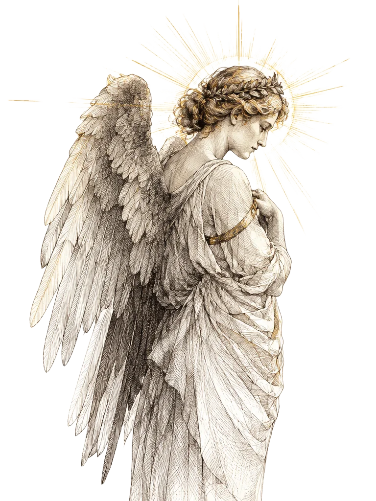 Sepia sketch of an angel in flowing robes with large feathered wings, head bowed, a gold halo of rays behind.