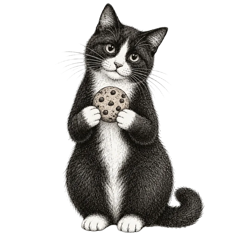 Ink drawing of a black-and-white cat sitting upright, holding a chocolate-chip cookie in both paws and looking curious.