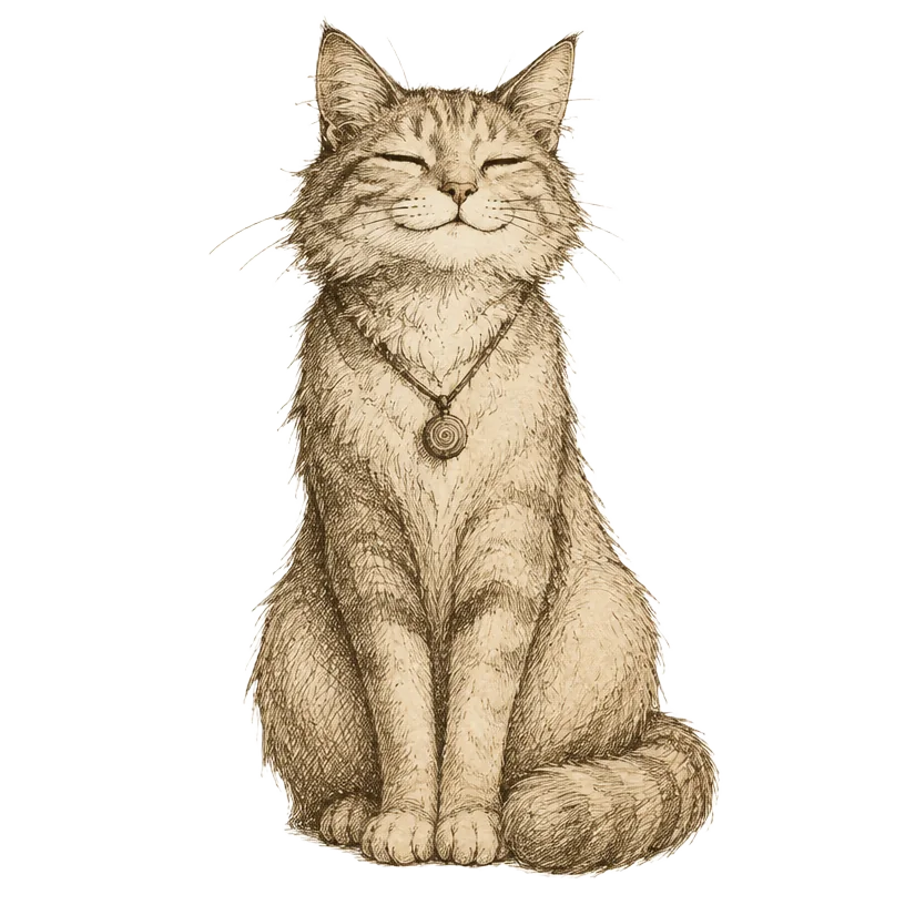 Sepia drawing of a tabby cat sitting tall with eyes closed and a contented smile, wearing a small spiral pendant.