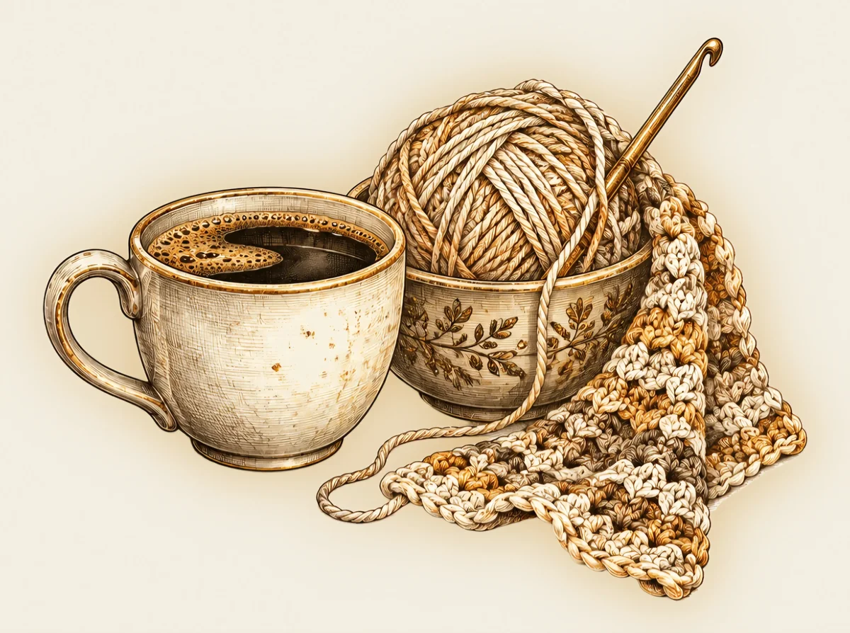 Vintage-style illustration of a cup of black coffee beside a floral bowl holding a ball of cream yarn, a gold crochet hook, and a length of crochet work.