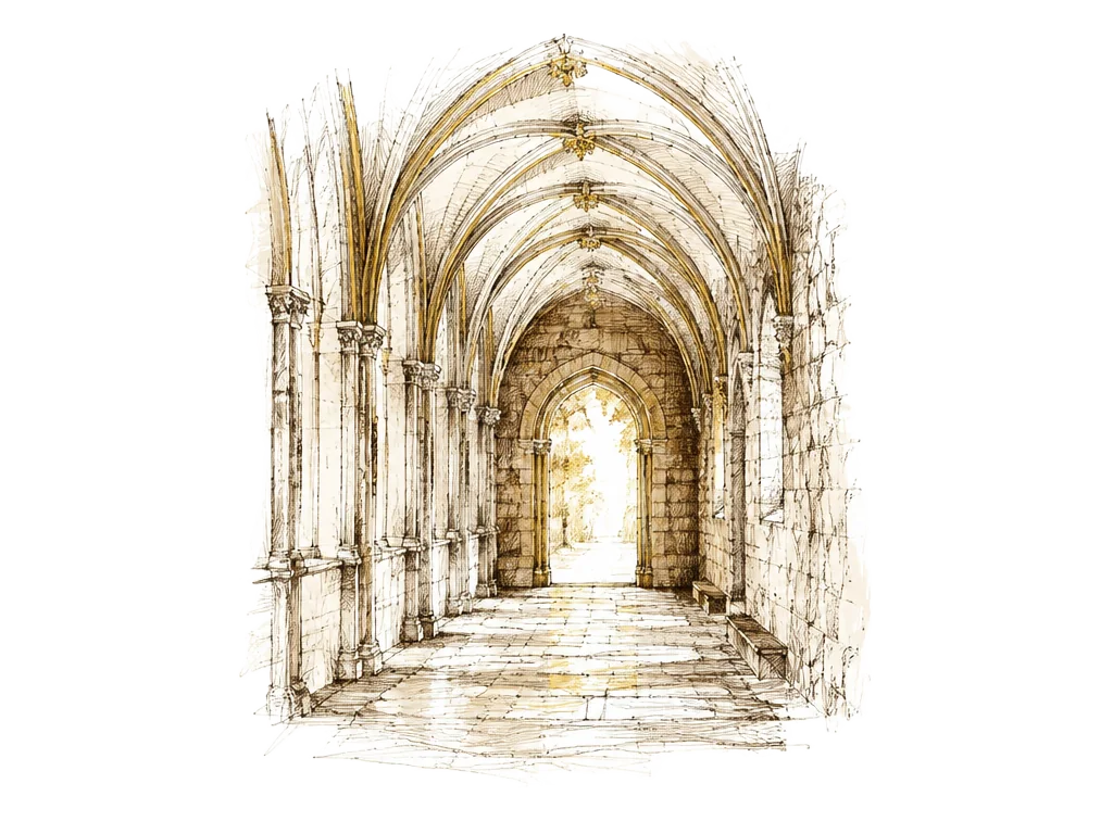 Pen-and-ink sketch of a stone cloister hallway with gold-traced Gothic arches, opening at the far end onto bright light and trees.