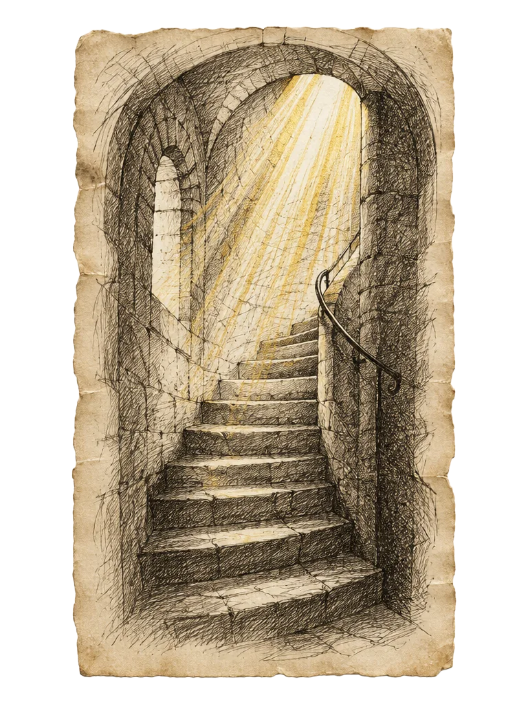 Sketch on aged parchment of a curved stone staircase climbing toward shafts of golden light.